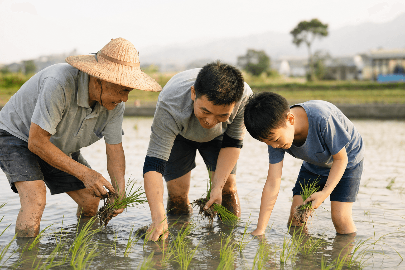 三代農民在水田中插秧的溫馨畫面